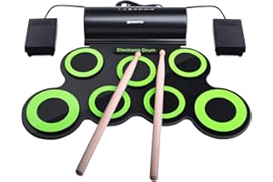 BONROB Electronic Set, Foldable and Roll Up 7 Pad Compatible with Roland Software, Built in Speaker Sticks, Drum Pedals, Headphone Jack, Christmas Birthday Gift for Kids, Green