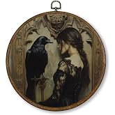 Qskjre Vintage Gothic Raven Wall Art Decor, Victorian Moody Crow Woman Round Wood Framed Canvas Wall Artwork, Dark Romance Goth Hanging Prints for Living Room Bedroom Bathroom Decorations, 10x10inch