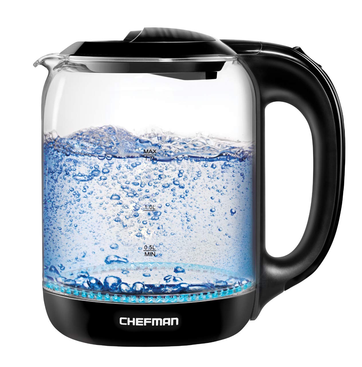 Photo 1 of **ITEM NOT FUNCTIONING UNSURE IF ITS THE BASE OR KETTLE ITSELF PARTS ONLY ITEM*** Chefman 1.7 er Electric Glass Tea Kettle, Fast Hot Water Boiler, One Touch Operation, Boils 7 Cups, Swivel Base & Cordless Pouring, Auto Shut-Off
