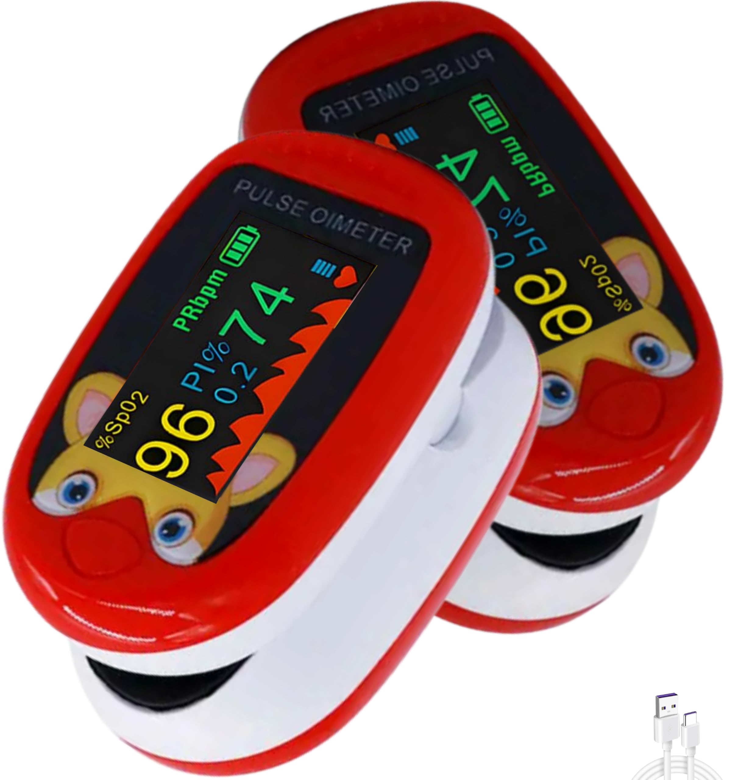 Pediatric Pulse Oximeter (Pack of 2) Heart Rate Detection Stats Monitor Kids Finger Blood Oxygen Saturation Monitoring NHS Children SpO2 Levels TFT Lanyard & USB (Red Kids Pulse Oximeter x2)