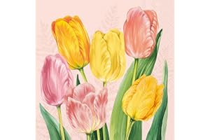 IHR Ideal Home Range Cocktail Napkins Disposable 3-Ply Paper Party Napkin Pack, 5" x 5", Spring Tulips (Rose), 20-Count