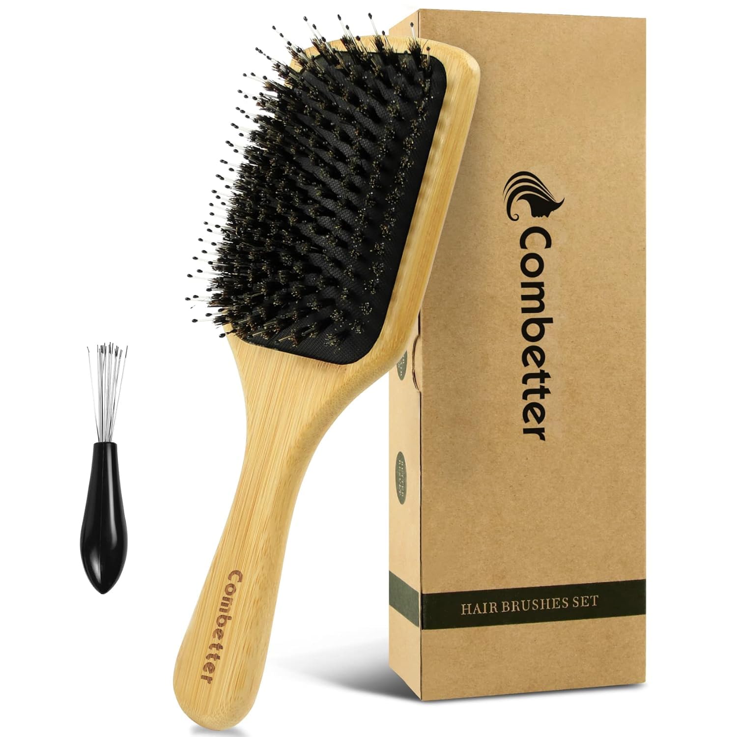 Photo 1 of Combetter Boar Bristle Hair Brush& Natural Wooden Paddle Detangler HairBrush-Smoothing Shine Brush for Slick Back Styles, Ponytails & Buns - for Women/Men/Kids with Curly, Long, Fine or Dry Hair