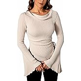 winkbay Women's Cowl Neck Bell Long Sleeve Tops Fall Ruched Tie Side Ribbed Knit Asymmetrical Dressy T Shirts