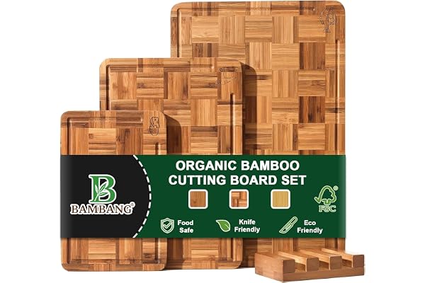 BAMBANG Bamboo Cutting Board for Kitchen with Juice Groove, End-Grain Butcher Block Chopping Boards, Checkered Wooden Cutting