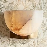 Bowl-Shaped Alabaster Sconce, 6” Diam Unique Textures Stone Wall Lamp, Hand-Polished Natural Stone Wall Mounted Lamp with Met