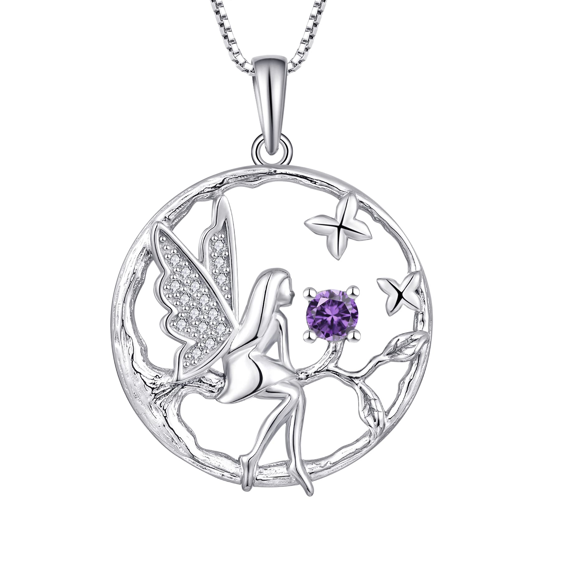 FJ Guardian Angel Necklace 925 Sterling Silver Tree of Life Pendant Fairy Necklace Amethyst February Birthstone Jewellery for Women — image 1