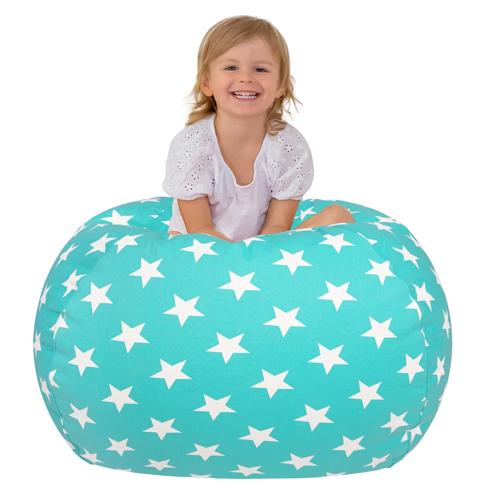 Aubliss Stuffed Anima Storage Bag &amp; Bean Bag Chair Cover - Toy Organizer for Kids- Medium 32"-Canvas Stars Aqua