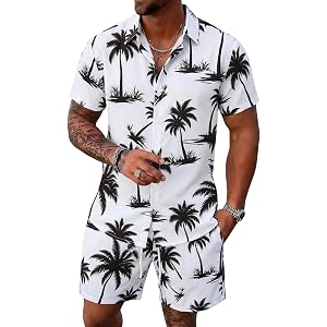 Mens Summer Outfits 2 Piece Tropical Hawaiian Beach Vacation Set | Short Sleeve, Button Down Shirts, Elastic Waist Shorts, Cr