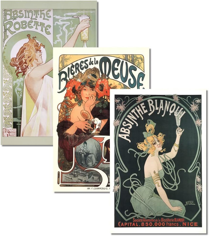 Posters & Prints - Set of 3 Art Nouveau Absinthe Biere Liquor Drinking Collection Vintage Ad Posters Set Bundle 16x24 inch
