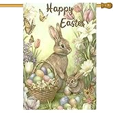 Easter House Flags for Outside 28 x 40 Double Sided, Burlap Large Easter Garden Flags, Seasonal Farmhouse Rustic Flowers Eggs Butterfly Bunny Easter Outdoor Flags Spring Yard Decorations