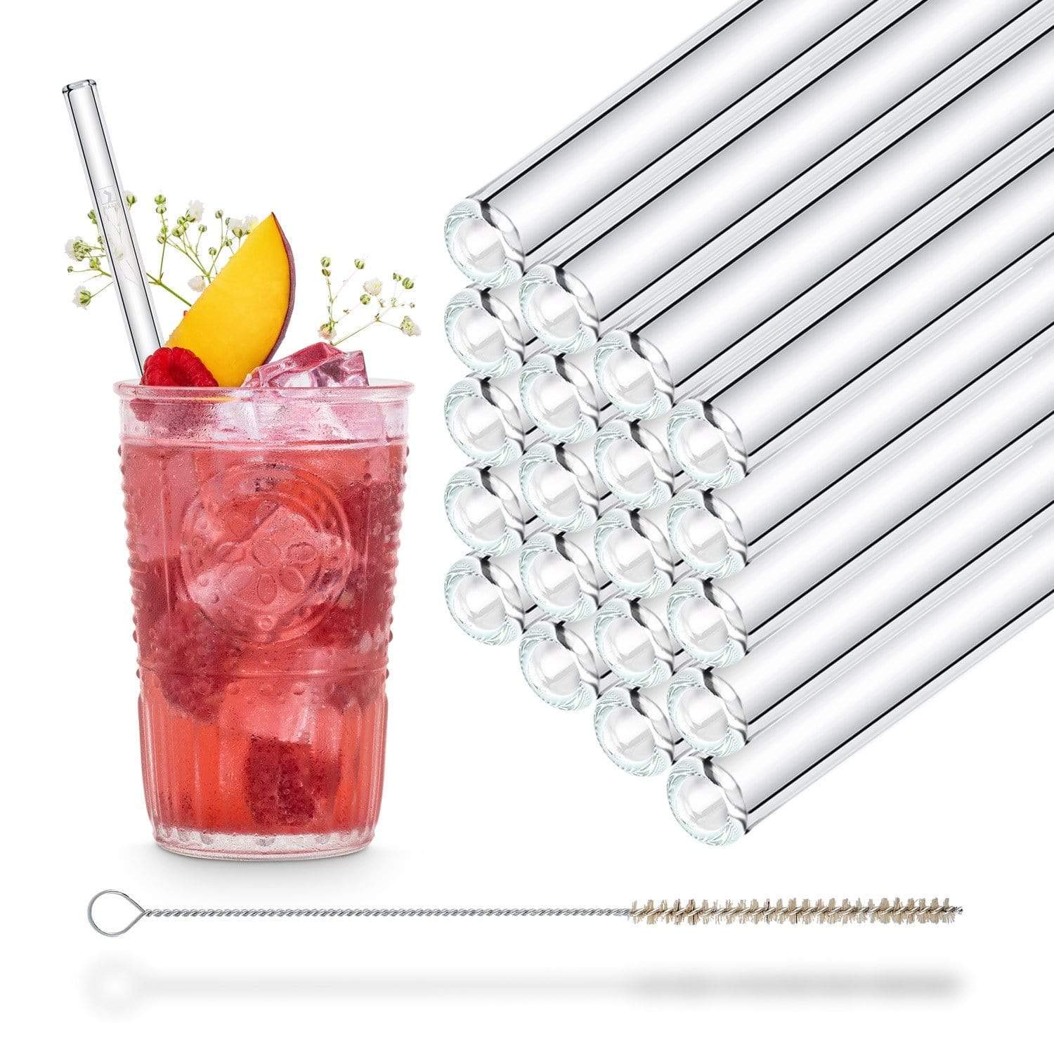 HALM Glass Drinking Straw Set of 20 Includes Cleaning Brush, Glass, transparent, 7.9 inch straight BPA free Made in Germany plastic free