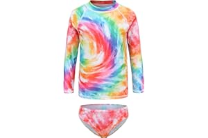LOLLISY Girls Long Sleeve Rash Guard Set Tie Dye Bathing Suits Two Piece Swimsuits for Kids Swim Shirts 3-16 Years