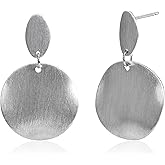 Desnuage Unique Handmade Boho Silver Dangle Earrings for Women - Textured Circle Disc Drop Earrings Irregular Hammered Detail Hypoallergenic