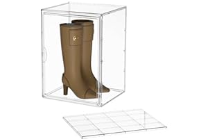 Attelite XXX-Large Clear Display Case Stackable Plastic Storage Bins with Lid, 2 Tiers Boot Shoe Box Organizers with an Adjustable Divider, Big Acrylic Display Storage Box with Magnetic Door