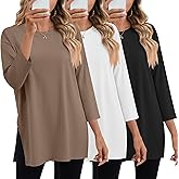 Huukeay 3 Pack Women's Oversized T Shirts Workout 3/4 Sleeve Top Loose Side Split Gym Elbow Crewneck Casual Clothes Tee