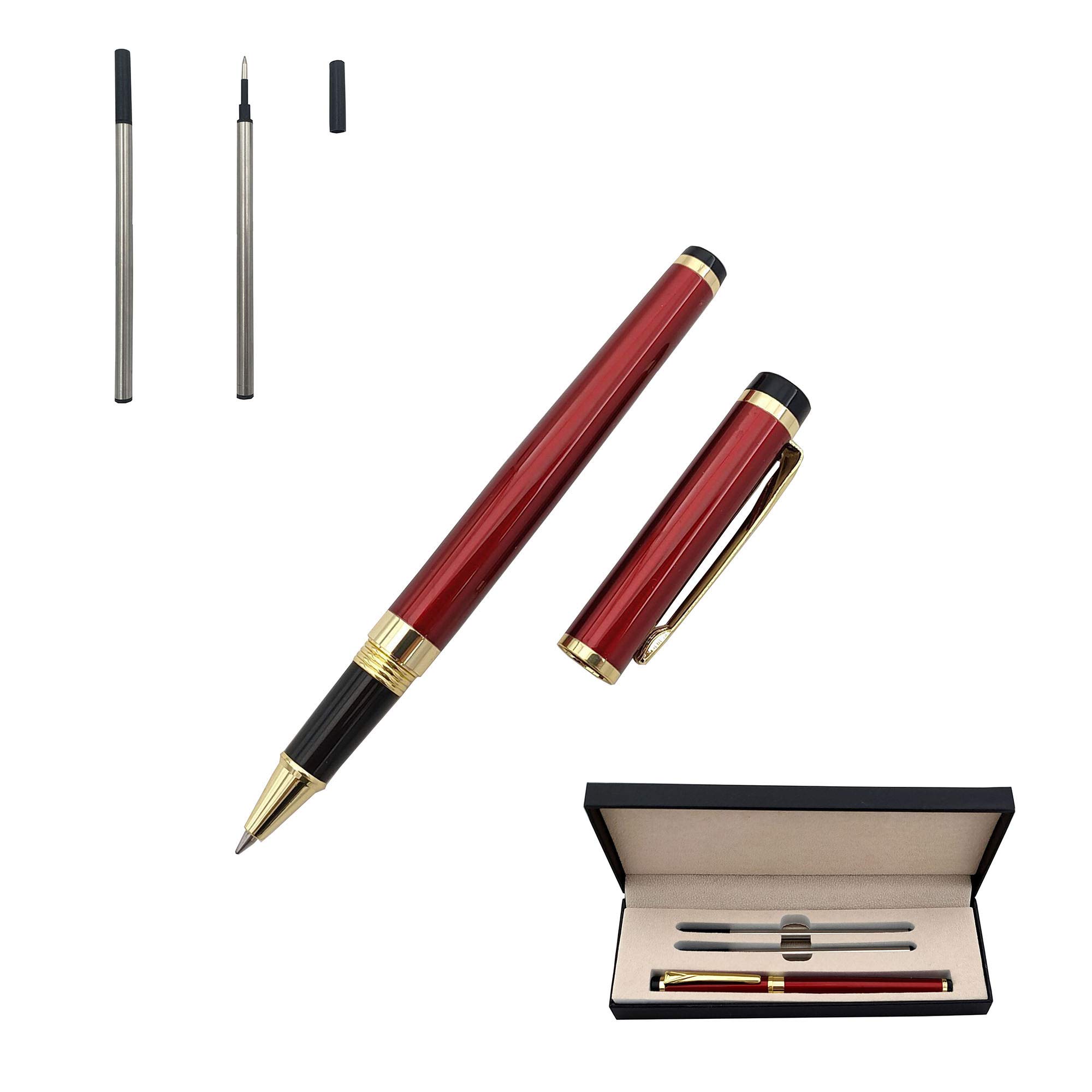 Accod Metal Rollerball Pen with Two 0.5MM Black Refills, Business Signature Pen - Gift Boxed (Red)