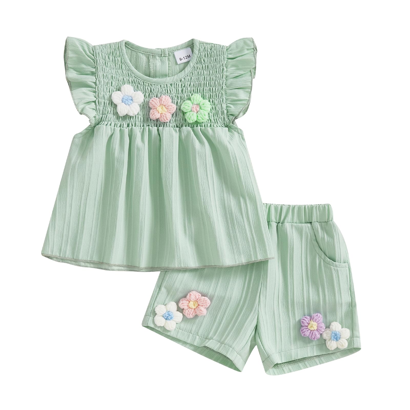 Photo 1 of Amnnchya Toddler Baby Girl Outfits Floral Summer Clothes Infant Spring Waffle Short Sleeve Shirt Tops Cute Shorts Set (Green Fly Sleeve, 2-3T)