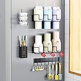 Magnetic Cup Holder for Fridge, Aufworld Tumbler Organizer with 8-Hook Rack, Fits 20/30/40 oz Stanley Cups, Accessory Storage with Lid & Straw Holder, Water Bottle Organizer for Kitchen Refrigerator