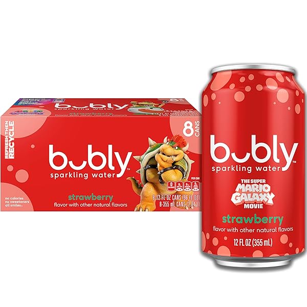 BUBLY SPARKLING WATER, THE SUPER MARIO GALAXY MOVIE STRAWBERRY, ZERO SUGAR & ZERO CALORIES, 12 FL OZ CANS (PACK OF 8), PACKAGING MAY VARY