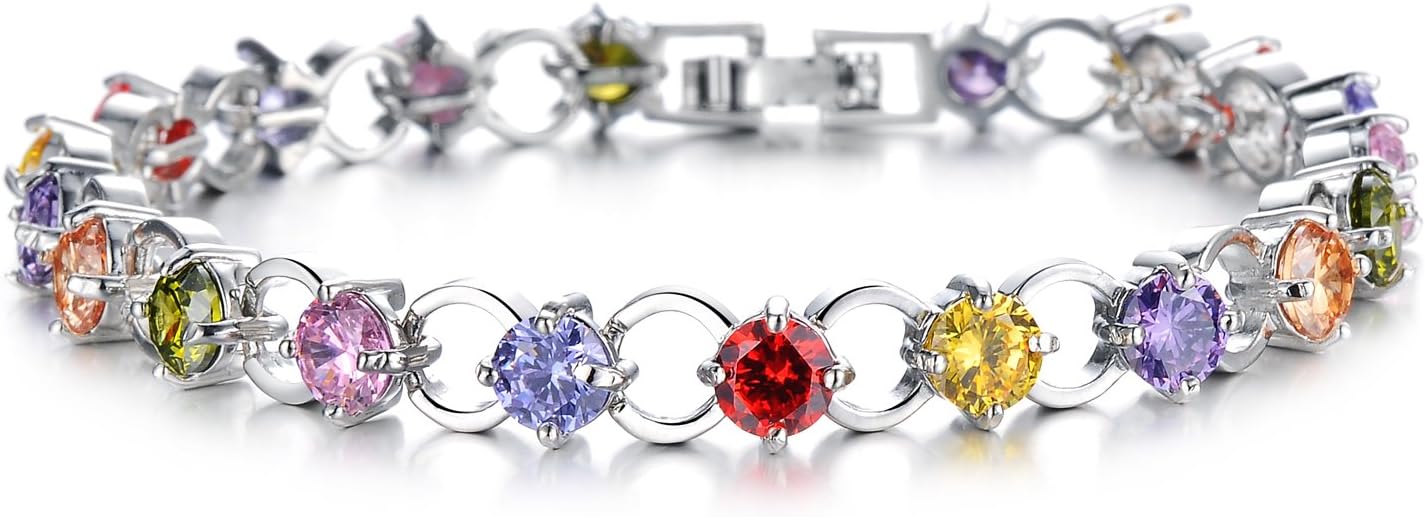 Topda123-Women's Stainless Steel Platinum Plated Inlaid CZ Tennis Fashion Bracelet, 7.6" with Nice Box