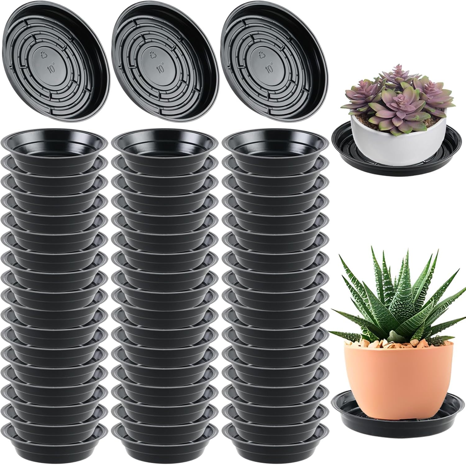 Photo 1 of 50 Packs 10 Inches Large Plant Saucers for Indoor Outdoor Use Heavy Duty Plastic Plant Plate Dish for Planter Bulk Round Flower Pot Drip Trays to Catch Water 4 to 20 Inch, Black