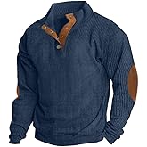 ONLYSTORY Men's Casual Corduroy Sweatshirt Long Sleeve Stand Collar 1/4 Button Pullover Fall Polo Sweater with Elbow Patches Dark Blue, XL