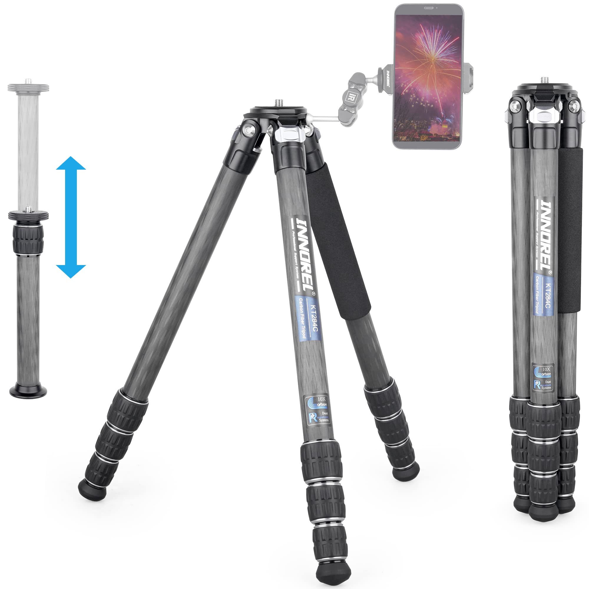 INNOREL KT284C Super Professional Portable Travel Tripod for DSLR Camera - Carbon Fiber, Heavy Duty, Compact, Max Load 44lbs/20kg, Short Center Column