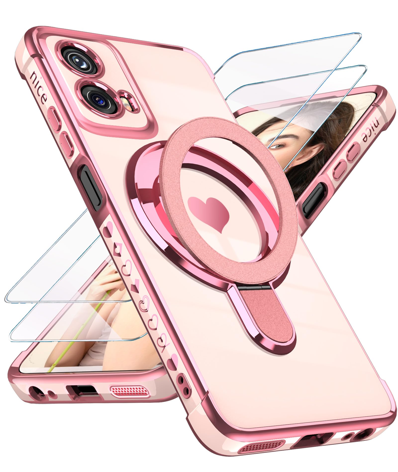 Photo 1 of Liufcx for Motorola Moto G 5G 2024 Love Heart Kickstand Case with 2X Screen Protector: Luxury Plated Gold Edge Slim Soft TPU Shockproof Protection Case Cover for Moto G 5G 2024 (Pink)