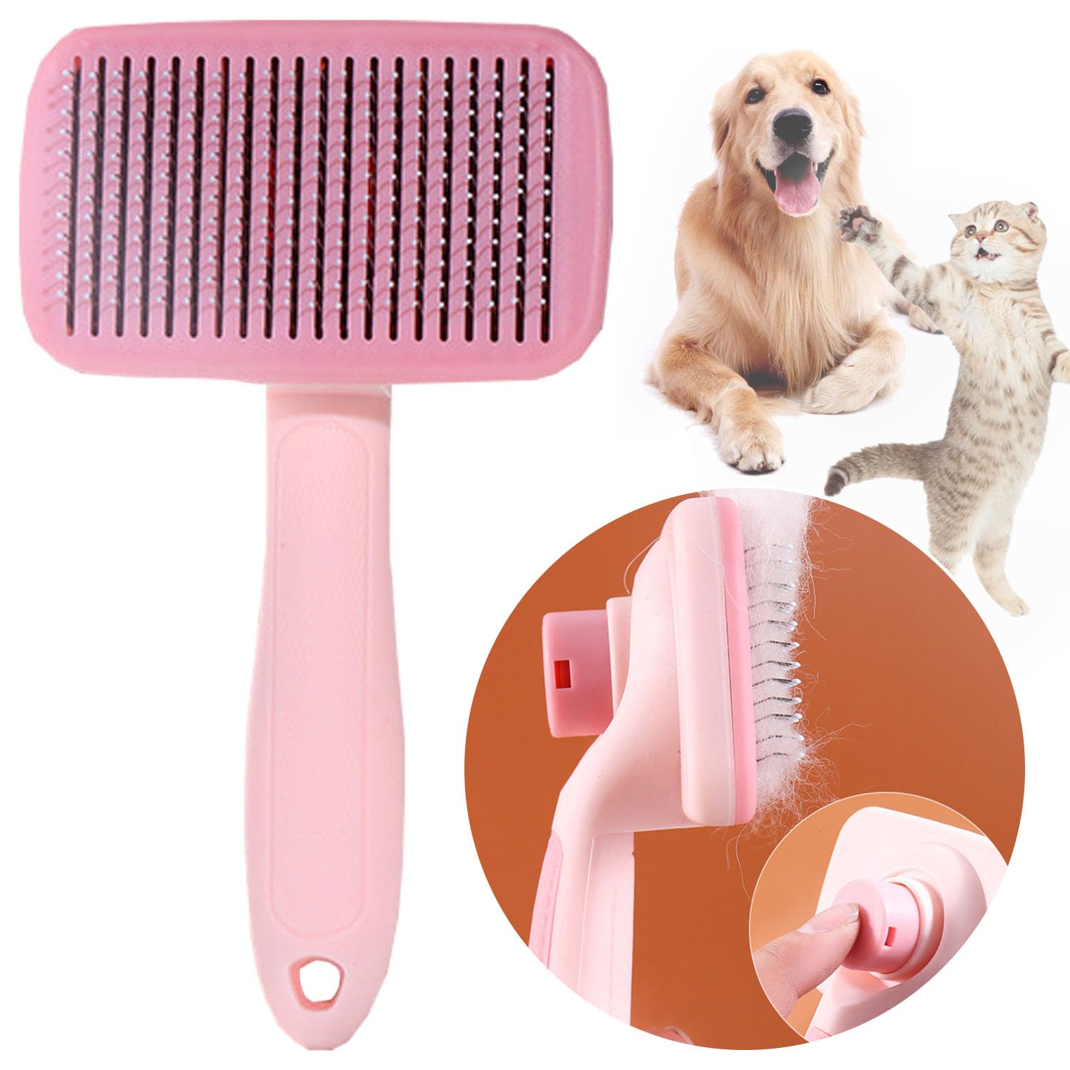 Dog Brush Cat Brush Grooming Comb, Self Cleaning Slicker Dog Brush, Cat Hair Brush for Grooming, Rounded Pins Cat Brush for Short Haired Cats, Pet Grooming Tool with Cleaning Button(Pink)