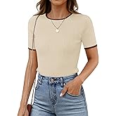 ZESICA Women's Summer Short Sleeve Ribbed Knit Slim Fit T Shirt 2026 Crewneck Basic Casual Color Block Tee Tops