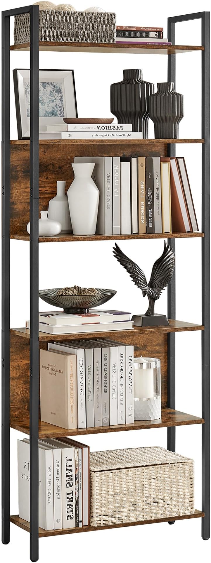 VASAGLE 6-Shelf Bookcase Industrial 60x24x186 cm Vintage Brown Black Metal Frame