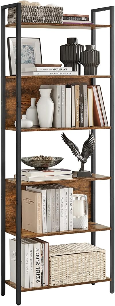 VASAGLE 6-Shelf Bookcase Industrial 60x24x186 cm Vintage Brown Black Metal Frame