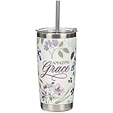 Christian Art Gifts Reusable Stainless Steel Travel Mug Tumbler w/Straw for Women: Amazing Grace, Cute Inspirational Double Wall Vacuum Insulated, Pop-up Lid, Hot/Cold, White & Purple Floral, 18 oz.