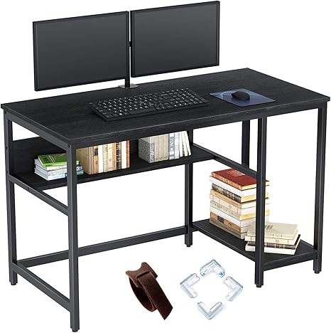 Amazon Com Rolanstar Computer Desk 47 Home Office Desk Study Writing Desk With Storage Shelves Sturdy Table Workstation Stable Metal Frame Black Kitchen Dining