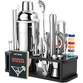 HMYBAR&reg; 22-Piece Cocktail Shaker Set, Mixology Bartender Kit with 24oz Cobbler Shaker, Home Bar Tool Set with Black Bamboo Stand, 39 Recipe Cards, Glass Markers, Gift for Men &amp; Dad