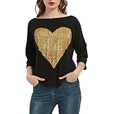 PESION Women's Sparkly Sequin Heart Love Shirts 3/4 Sleeve Loose Tunic Tops Boat Neck Love T-Shirt Tees