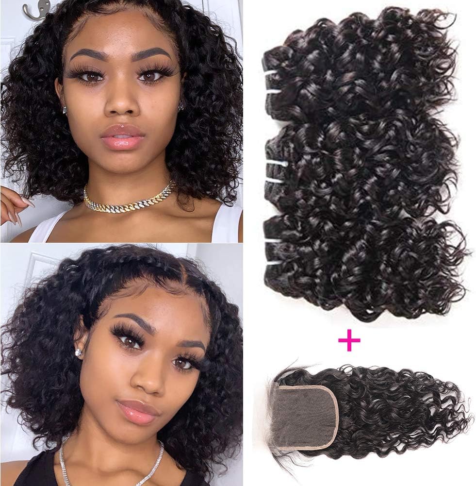 RUIXIAN Brazilian Virgin Water Wave 3 Bundles with Closure 100% Unprocessed Wet and Wavy Water Wave Human Hair Weave Weft Remy Hair Extensions with 4X4 Lace Closure 50g/Bundle (8 8 8 +8 inch)