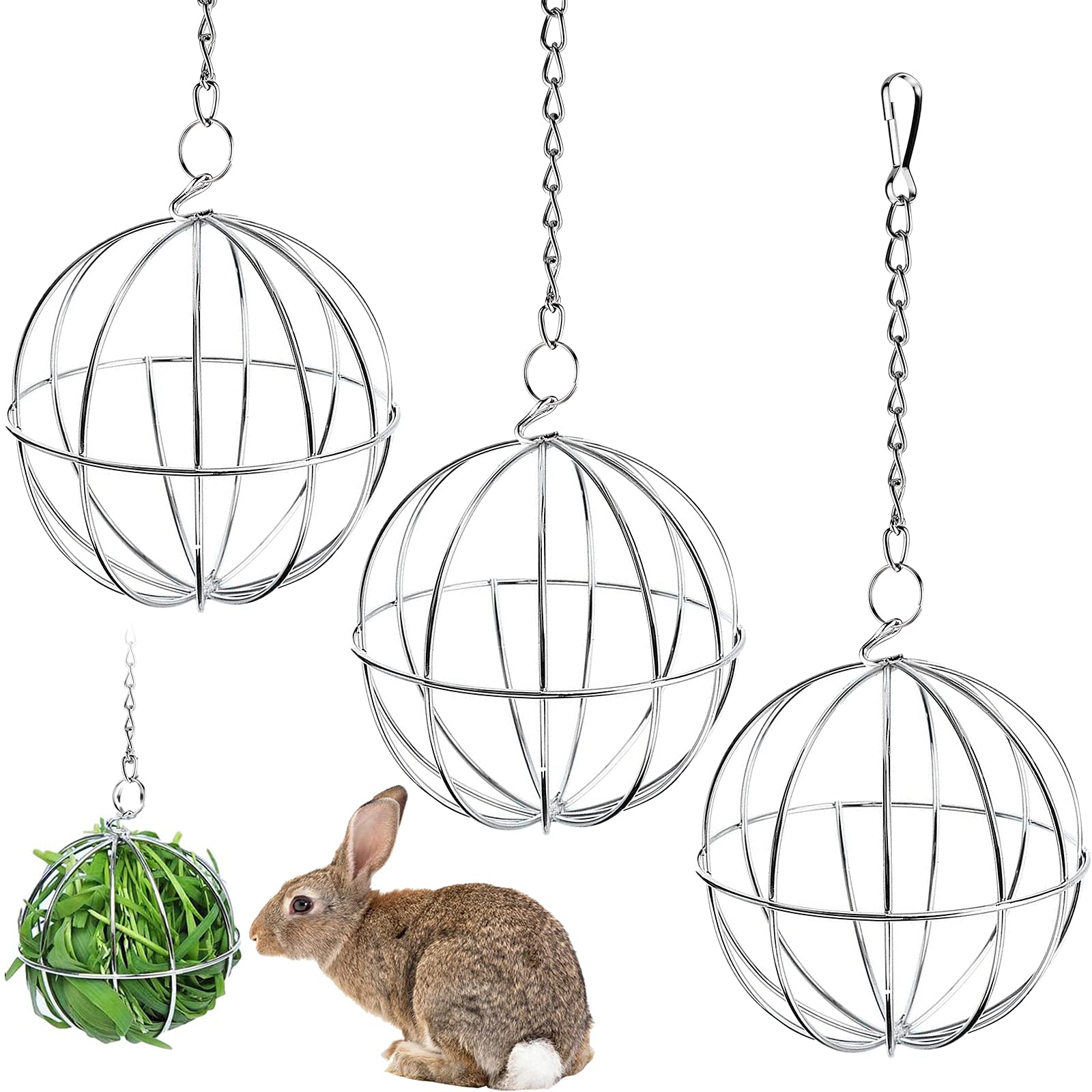 3pcs Hay Feeder Ball Stainless Steel Hay Feeder Rabbit Pet Hay Ball Rabbit Feeder Hanging Treat Toy for Rabbits/Guinea Pig/Chinchilla/Small Animals (8 cm)
