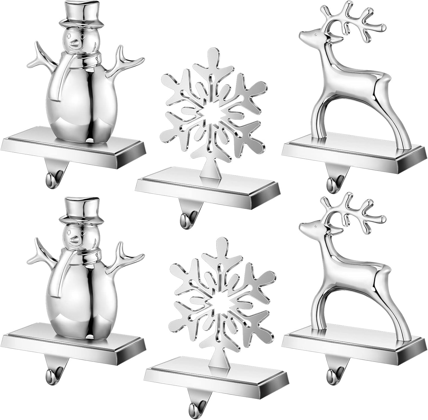 Ornament Hooks - Hotop 6 Pack Christmas Stocking Holders Silver Xmas Hangers Metal Decorative Hooks with String Lights for Holiday Party Fireplace Mantle Table Decorations (Snowflake, Snowman, Elk Style)