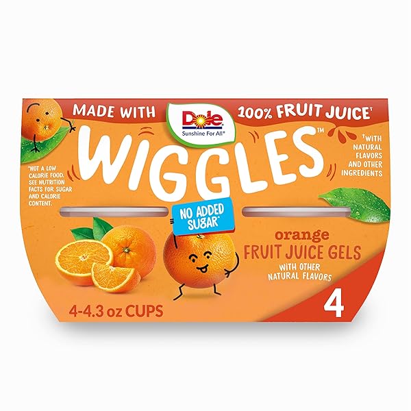 DOLE WIGGLES NO SUGAR ADDED ORANGE FRUIT JUICE GELS SNACKS, 4.3OZ 4 TOTAL CUPS, GLUTEN & DAIRY FREE, BULK LUNCH SNACKS FOR KIDS & ADULTS