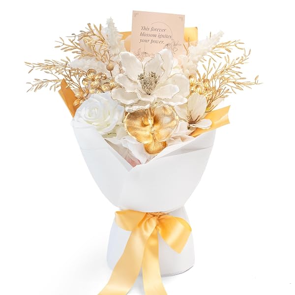 TINGE TIME PRESERVED FLOWERS BOUQUET, PLATINUM FAUX ROSE BOUQUETS, ETERNAL ROSES BOUQUET FOR WEDDING, TABLE CENTERPIECES, MOTHERS DAY, BIRTHDAY GIFTS, ANNIVERSARY, GRADUATION(WHITE & GOLD)