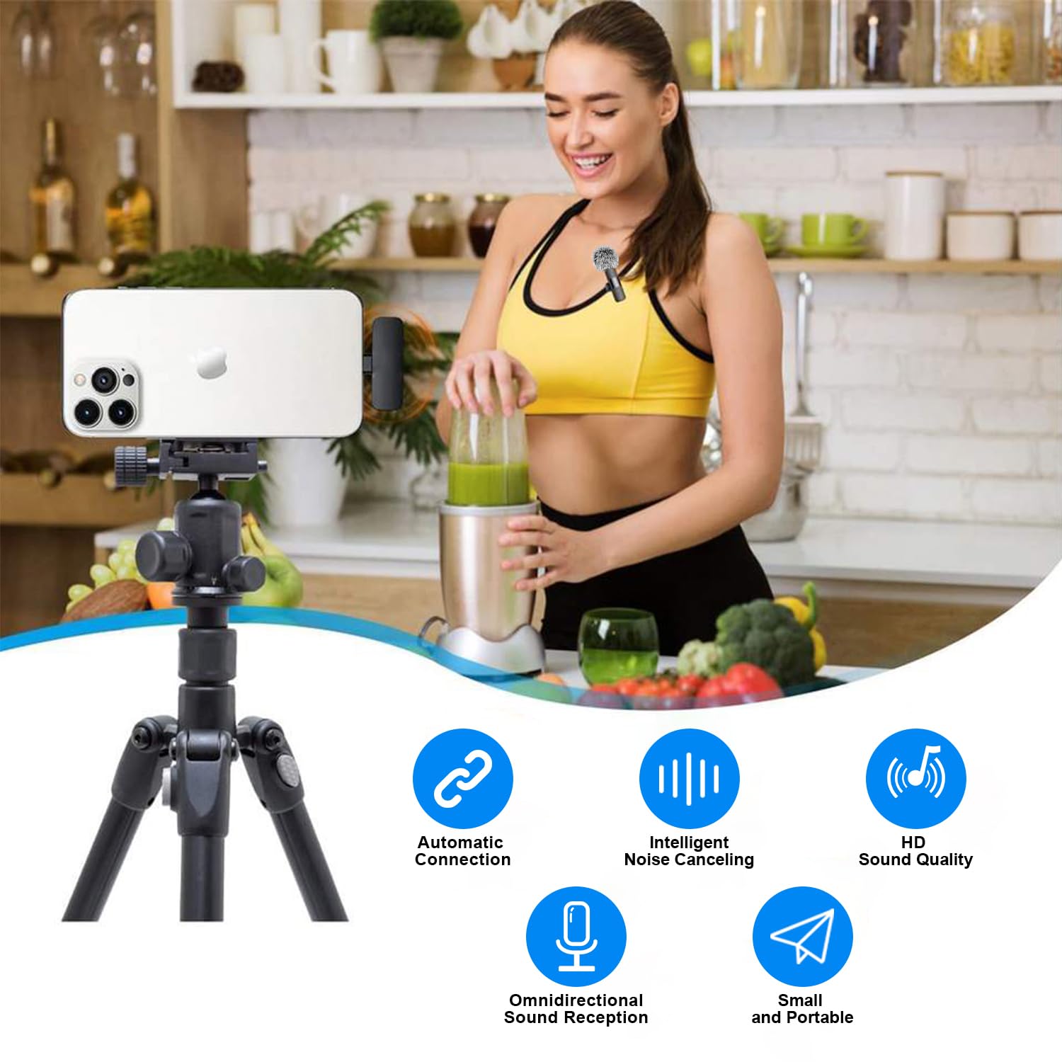 Wireless Lavalier Microphone for iPhone - Android, iPad, Tablets, Bluetooth Mini Microphone with Noise Canceling,65FT Transmission,6H Battery Life, Professional Lapel Mic for Video Recording