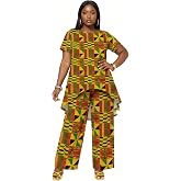 MHJHBBE African Print 2PC Set Short Sleeve Top with Wide Leg Pants Traditional Kente Pattern Plus Size Lounge sets for Women
