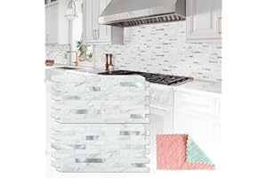 StyloVue 20 Sheets Peel and Stick Backsplash for Kitchen, White Marble with Metal Silver Look Stick on Tile Upgrade Your Kitc