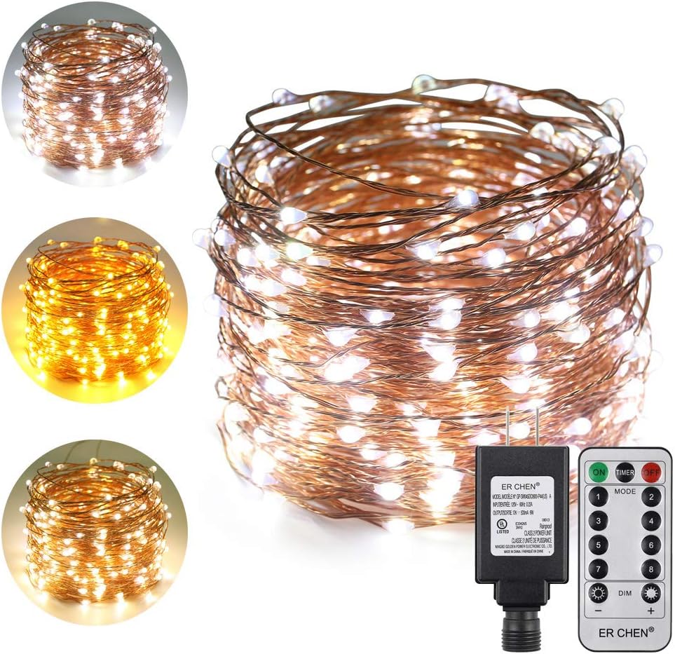 ErChen Dual-Color LED String Lights, 100 FT 300 LEDs Plug in Copper Wire 8 Modes Dimmable Fairy Lights with Remote Timer for Indoor Outdoor Christmas (Cool White/Warm White)