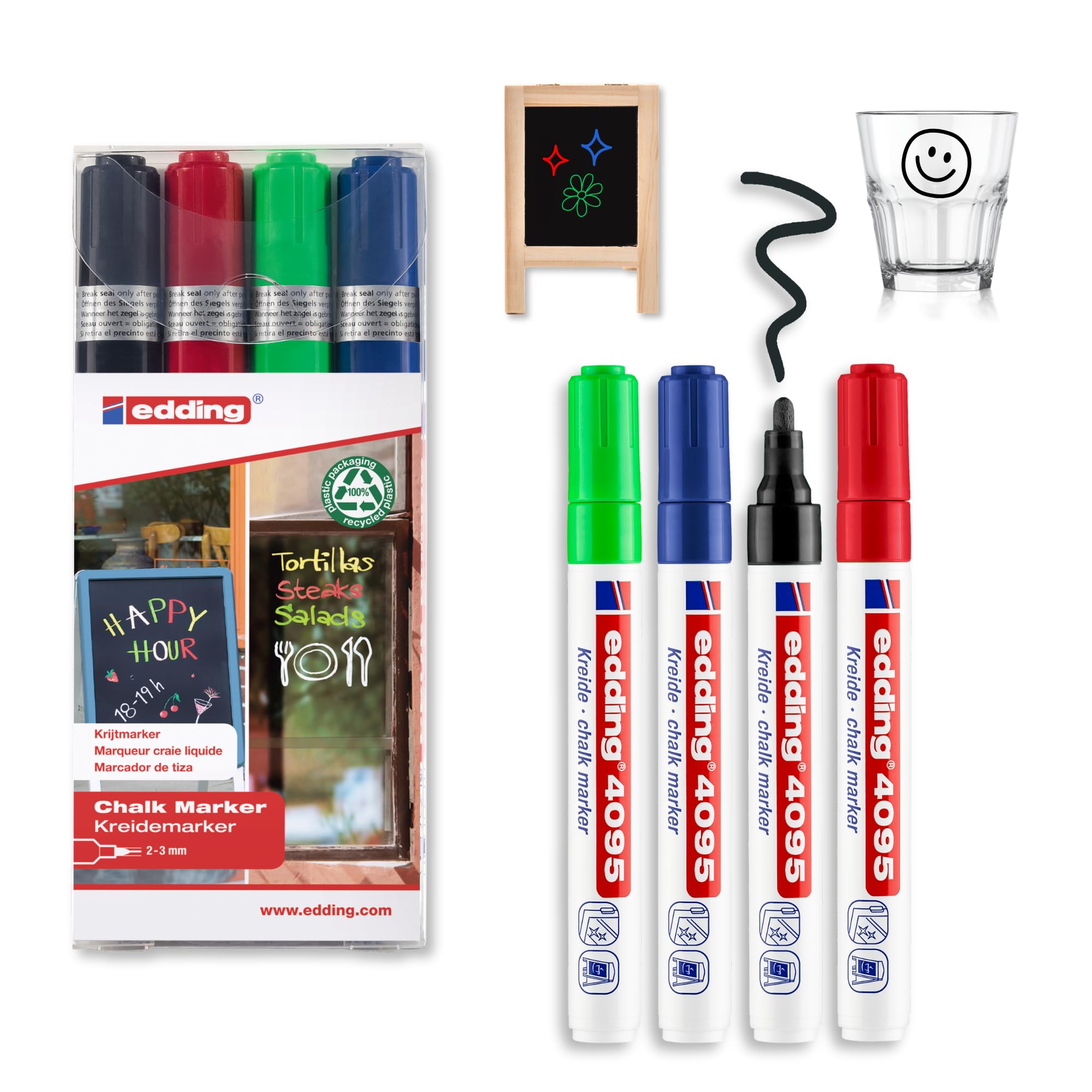 edding 4095 chalk marker pen set - black, red, blue, green - 4 chalk pens - round nib 2-3 mm - wet wipe pen for chalkboards, windows, glass, mirrors - liquid chalk marker pens for opaque coverage