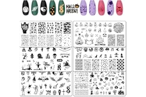 GLODECART Hying 6pcs Halloween Nail Art Stamping Plates for Women Nail Art, Stainless Steel Jack-o'-Lantern Skull Nail Plates Template Set for Halloween Decoration Skeleton Ghost Bats Stamp Templates Kit