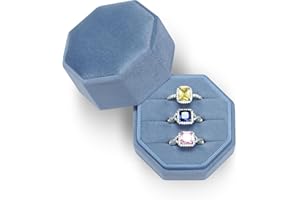 BLUTETE Velvet Jewelry Ring Box,Octagon 3 Slots Wedding Day Ring Box,Premium Vintage Ring Display Holder Case for Wedding Ceremony Proposal Engagement(Ocean Blue)