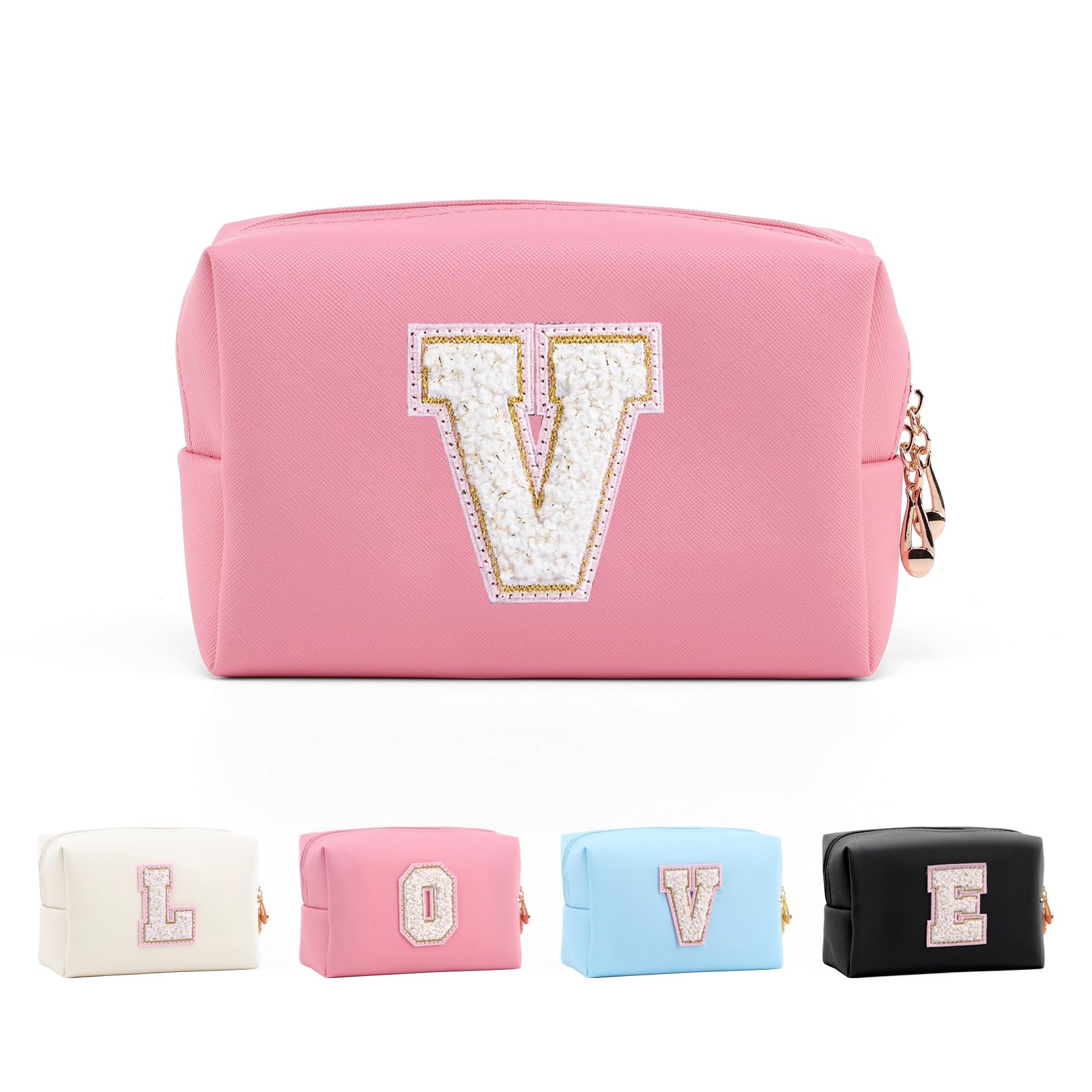 Anntry Small Personalized Initial Letter Makeup Bag, Cute Waterproof PU Leather Chenille Letter Cosmetic Bag Travel Makeup Bag, Preppy Makeup Pouch Toiletry Zipper Pouch Organizer for Women and Girls