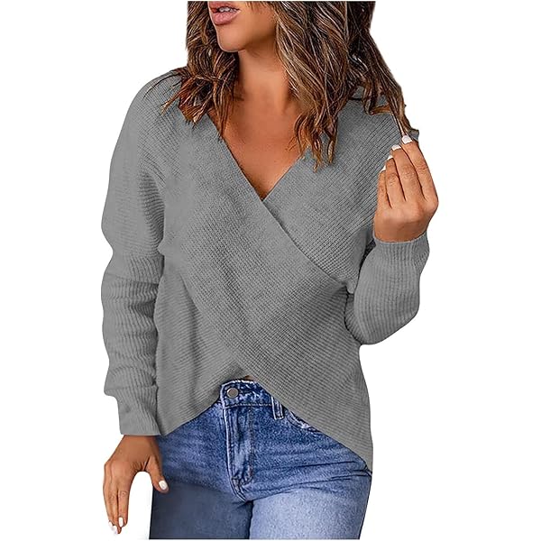 Women's Wrap V Neck Cropped Sweaters 2024 Fall Long Sleeve Cross